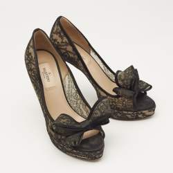 Valentino Black Lace and Mesh Bow Peep Toe Platform Pumps Size 38