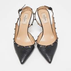 Pre Owned Valentino Black Snakeskin and Leather Rockstud Slingback Pumps Size 38.5