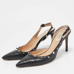 Pre Owned Valentino Black Snakeskin and Leather Rockstud Slingback Pumps Size 38.5