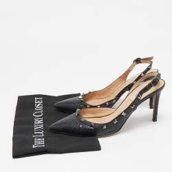Pre Owned Valentino Black Snakeskin and Leather Rockstud Slingback Pumps Size 38.5