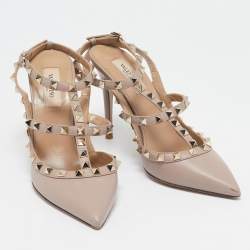 Valentino Beige Leather Rockstud Ankle Strap Pumps Size 38