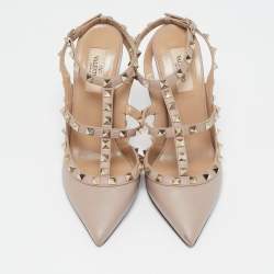 Valentino Beige Leather Rockstud Ankle Strap Pumps Size 38