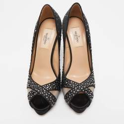 Valentino Black Satin and Mesh Crystal Embellished Platform Pumps Size 37.5
