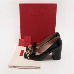 Pre Owned Valentino Black Leather VLogo Club Block Heel Pumps Size 37
