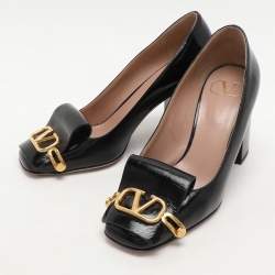Pre Owned Valentino Black Leather VLogo Club Block Heel Pumps Size 37