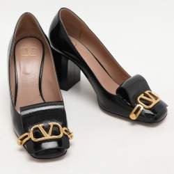 Pre Owned Valentino Black Leather VLogo Club Block Heel Pumps Size 37