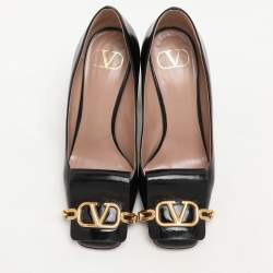 Pre Owned Valentino Black Leather VLogo Club Block Heel Pumps Size 37