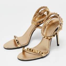 Valentino Metallic Gold Leather Rockstud  Ankle Strap Sandals Size 37