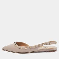 Pre Owned Valentino Beige Leather Rockstud Pointed Toe Slingback Flats Size 36.5