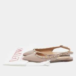 Pre Owned Valentino Beige Leather Rockstud Pointed Toe Slingback Flats Size 36.5
