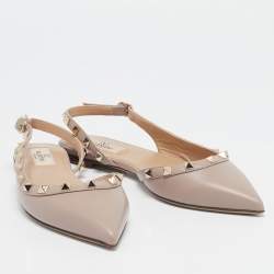 Pre Owned Valentino Beige Leather Rockstud Pointed Toe Slingback Flats Size 36.5