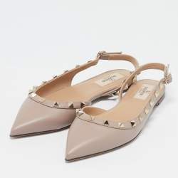 Pre Owned Valentino Beige Leather Rockstud Pointed Toe Slingback Flats Size 36.5