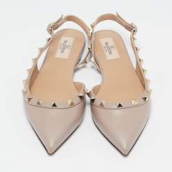Pre Owned Valentino Beige Leather Rockstud Pointed Toe Slingback Flats Size 36.5