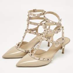 Valentino Beige Patent And Leather Rockstud Ankle Strap Pumps Size 38