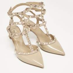 Valentino Beige Patent And Leather Rockstud Ankle Strap Pumps Size 38