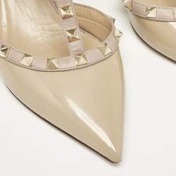 Valentino Beige Patent And Leather Rockstud Ankle Strap Pumps Size 38