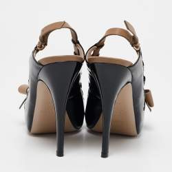 Pre Owned Valentino Black/Beige Patent Leather and Leather Bow Peep Toe Slingback Pumps Size 36.5