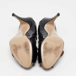 Pre Owned Valentino Black/Beige Patent Leather and Leather Bow Peep Toe Slingback Pumps Size 36.5
