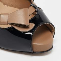 Pre Owned Valentino Black/Beige Patent Leather and Leather Bow Peep Toe Slingback Pumps Size 36.5
