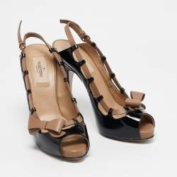 Pre Owned Valentino Black/Beige Patent Leather and Leather Bow Peep Toe Slingback Pumps Size 36.5
