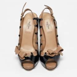 Pre Owned Valentino Black/Beige Patent Leather and Leather Bow Peep Toe Slingback Pumps Size 36.5