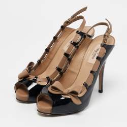 Pre Owned Valentino Black/Beige Patent Leather and Leather Bow Peep Toe Slingback Pumps Size 36.5