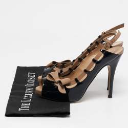 Pre Owned Valentino Black/Beige Patent Leather and Leather Bow Peep Toe Slingback Pumps Size 36.5