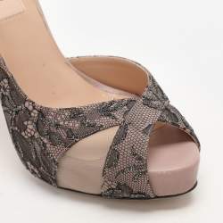 Pre Owned Valentino Beige/Black Lace and Leather Peep Toe Platform Pumps Size 36