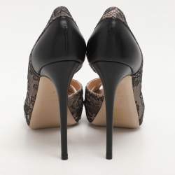 Pre Owned Valentino Beige/Black Lace and Leather Peep Toe Platform Pumps Size 36