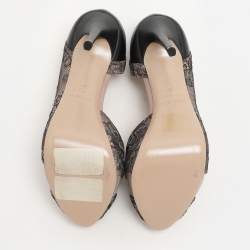 Pre Owned Valentino Beige/Black Lace and Leather Peep Toe Platform Pumps Size 36