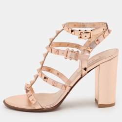 Valentino Rose Gold Leather Rockstud Strappy Block Heel Sandals Size 37.5