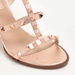 Valentino Rose Gold Leather Rockstud Strappy Block Heel Sandals Size 37.5