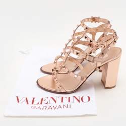 Valentino Rose Gold Leather Rockstud Strappy Block Heel Sandals Size 37.5