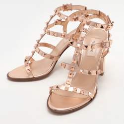 Valentino Rose Gold Leather Rockstud Strappy Block Heel Sandals Size 37.5