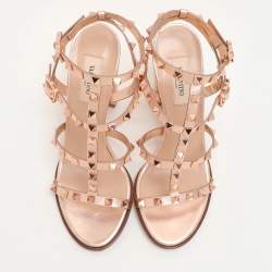Valentino Rose Gold Leather Rockstud Strappy Block Heel Sandals Size 37.5