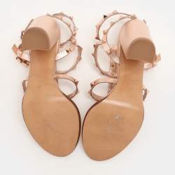 Valentino Rose Gold Leather Rockstud Strappy Block Heel Sandals Size 37.5