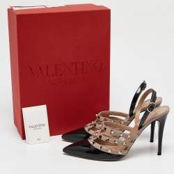 Valentino Black/Dusty Pink Leather Rockstud Caged Slingback Pumps Size 39