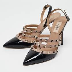 Valentino Black/Dusty Pink Leather Rockstud Caged Slingback Pumps Size 39