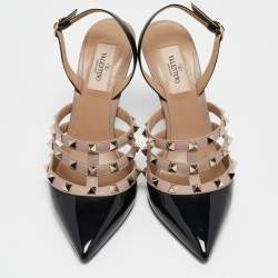Valentino Black/Dusty Pink Leather Rockstud Caged Slingback Pumps Size 39