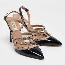 Valentino Black/Dusty Pink Leather Rockstud Caged Slingback Pumps Size 39