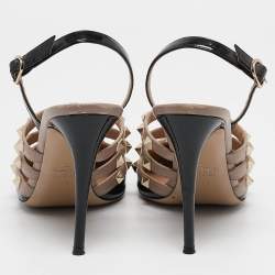Valentino Black/Dusty Pink Leather Rockstud Caged Slingback Pumps Size 39