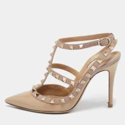 Pre Owned Valentino Beige Patent Leather Rockstud Ankle Strap Pumps Size 35