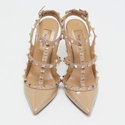 Pre Owned Valentino Beige Patent Leather Rockstud Ankle Strap Pumps Size 35