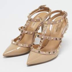 Pre Owned Valentino Beige Patent Leather Rockstud Ankle Strap Pumps Size 35