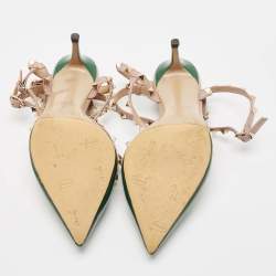 Pre Owned Valentino Green/Beige Patent Leather Rockstud Caged Ankle Strap Pumps Size 41