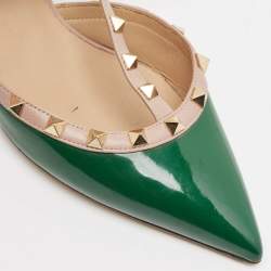 Pre Owned Valentino Green/Beige Patent Leather Rockstud Caged Ankle Strap Pumps Size 41