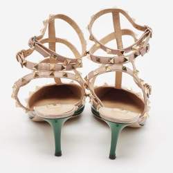 Pre Owned Valentino Green/Beige Patent Leather Rockstud Caged Ankle Strap Pumps Size 41