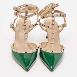 Pre Owned Valentino Green/Beige Patent Leather Rockstud Caged Ankle Strap Pumps Size 41