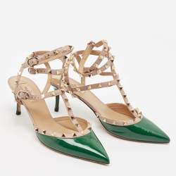Pre Owned Valentino Green/Beige Patent Leather Rockstud Caged Ankle Strap Pumps Size 41