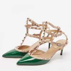 Pre Owned Valentino Green/Beige Patent Leather Rockstud Caged Ankle Strap Pumps Size 41